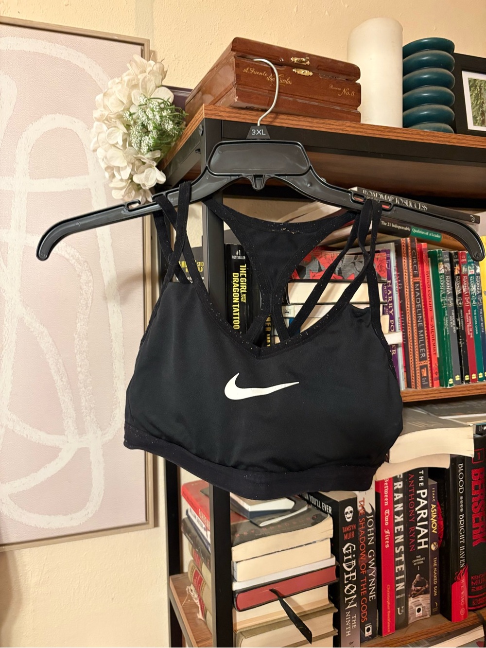 Nike Black Strappy Low-Impact Sports Bra with White Swoosh